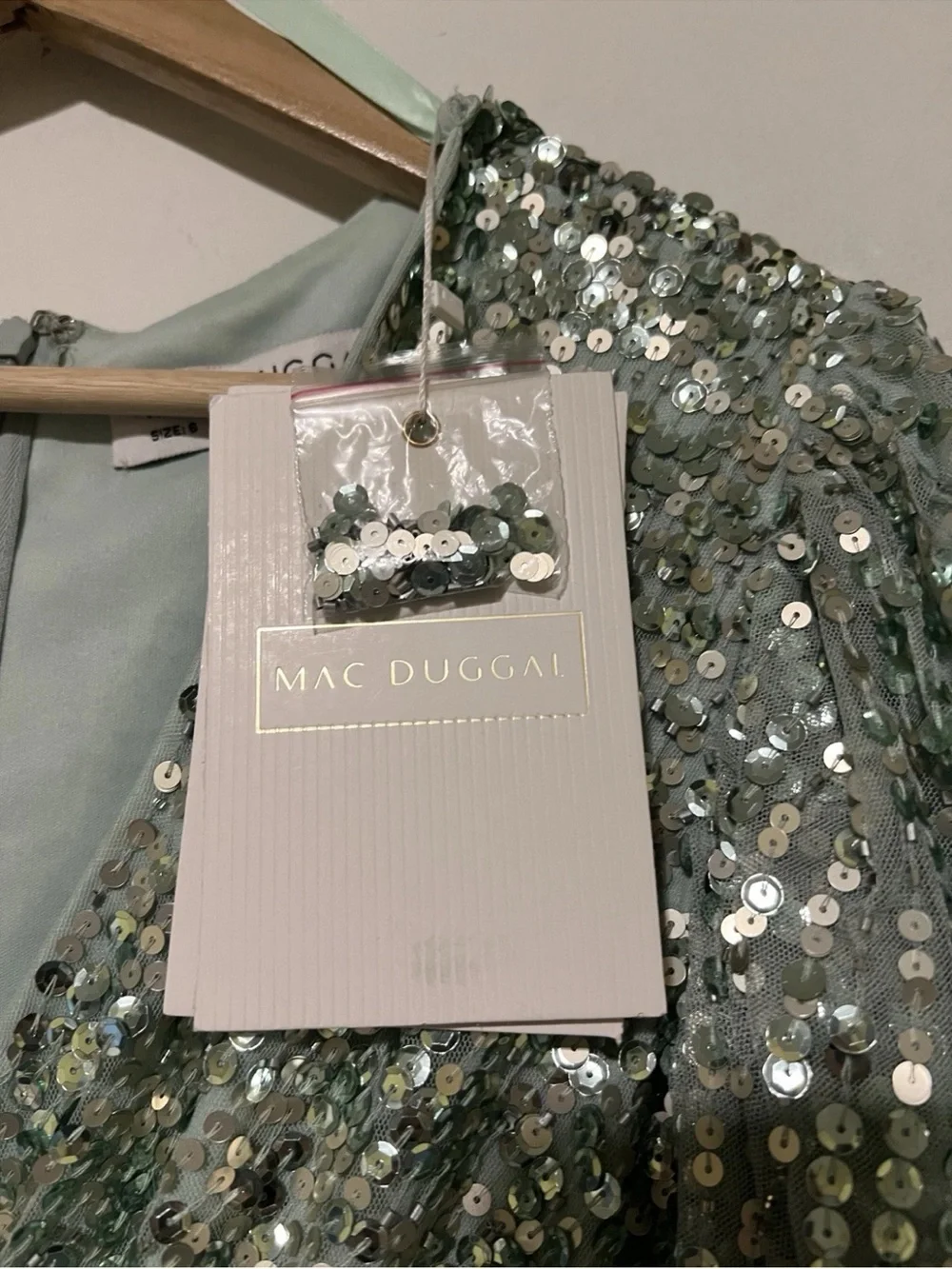 Mac Duggal Seafoam Green Sequin Embellished Faux Wrap Puff Sleeve Gown